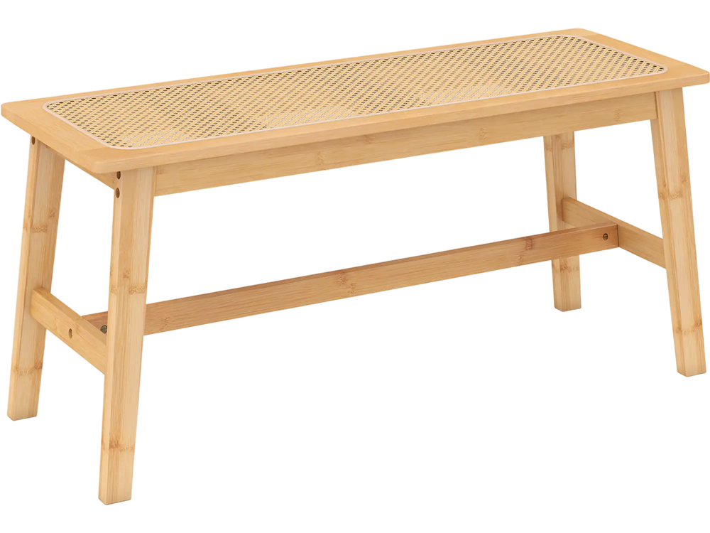 Bamboo dining bench with handwoven rattan seat, 39.5 inches long, ideal for indoor and outdoor use.