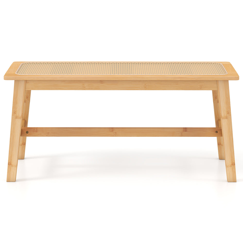 Natural bamboo dining bench with handwoven rattan seat, featuring anti-scratch foot pads for floor protection and.