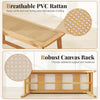 Bamboo dining bench with handwoven PVC rattan seat and robust canvas back, ideal for indoor or outdoor use.