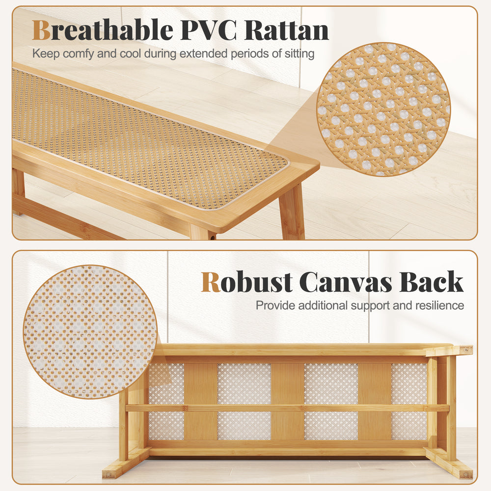 Bamboo dining bench with handwoven PVC rattan seat and robust canvas back, ideal for indoor or outdoor use.