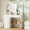 White 39.5-inch vanity desk with mirror, drawers, and power outlets, designed for convenient bedroom storage.