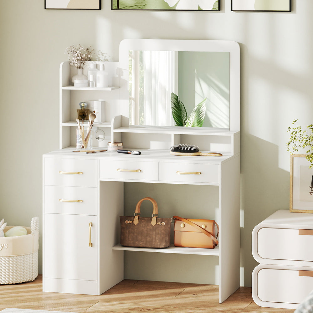 White 39.5-inch vanity desk with mirror, drawers, and power outlets, designed for convenient bedroom storage.