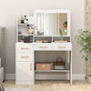 39.5-inch white vanity desk showcasing spacious open shelves and anti-toppling devices for secure and stylish storage.