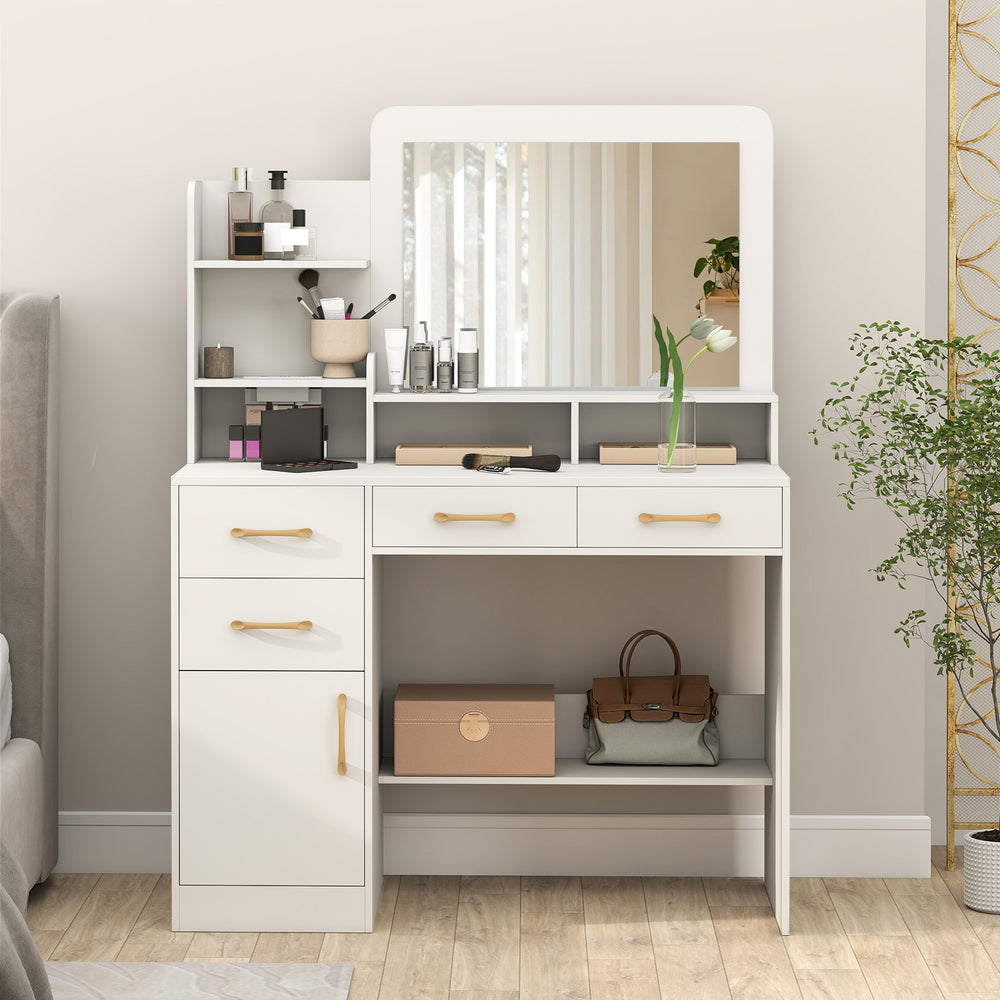 39.5-inch white vanity desk showcasing spacious open shelves and anti-toppling devices for secure and stylish storage.
