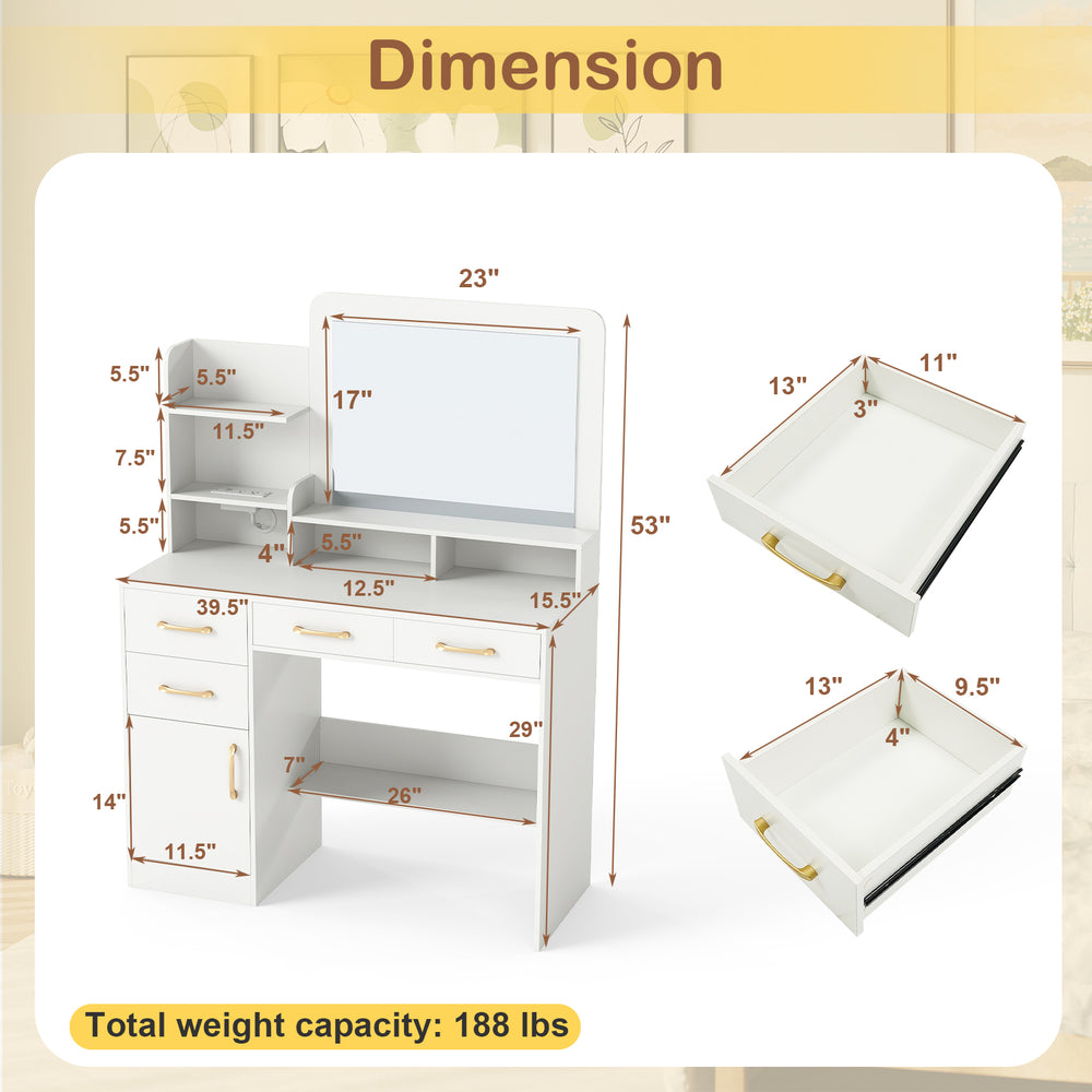 39.5-inch white vanity desk with mirror, drawers, and power outlets, designed for modern bedroom storage and.