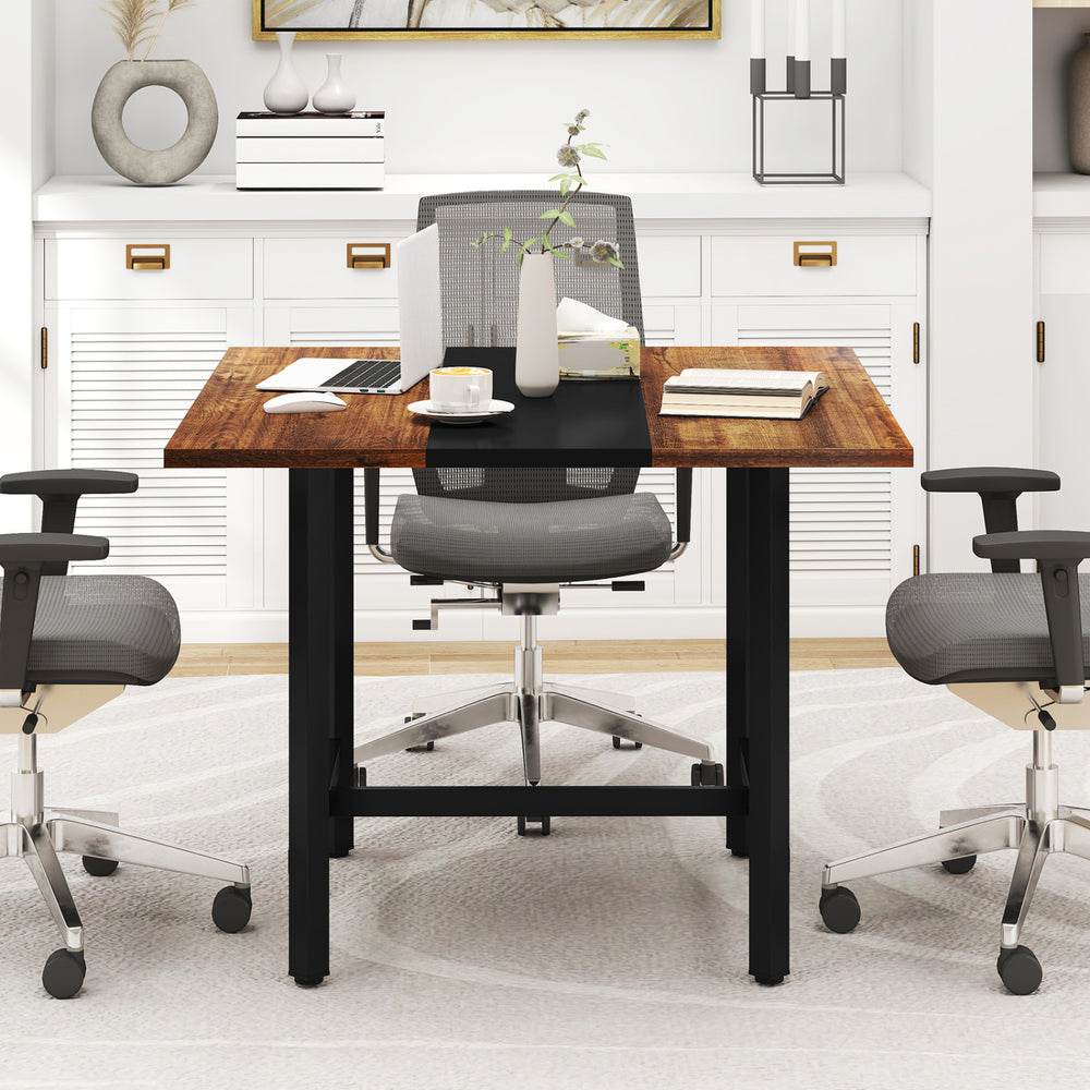 Square conference table with rustic brown finish, sturdy metal frame, and thickened tabletop for meetings or dining.
