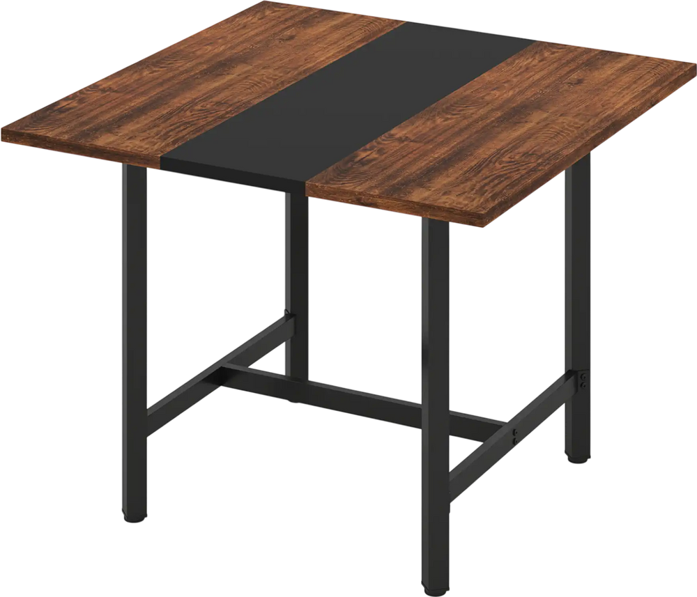 Square conference table with rustic brown wood grain finish, robust metal frame, and adjustable foot pads for stability.