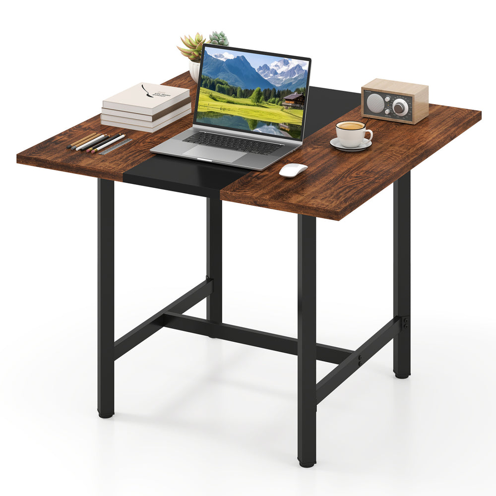Square conference table with a rustic brown finish, thickened tabletop, and robust metal frame for versatile use.
