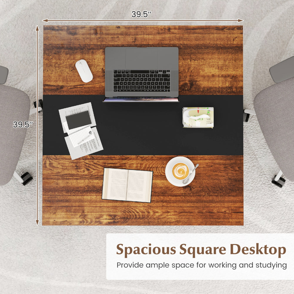 Spacious 39.5" square conference table in rustic brown with thickened tabletop, ideal for meetings and work.