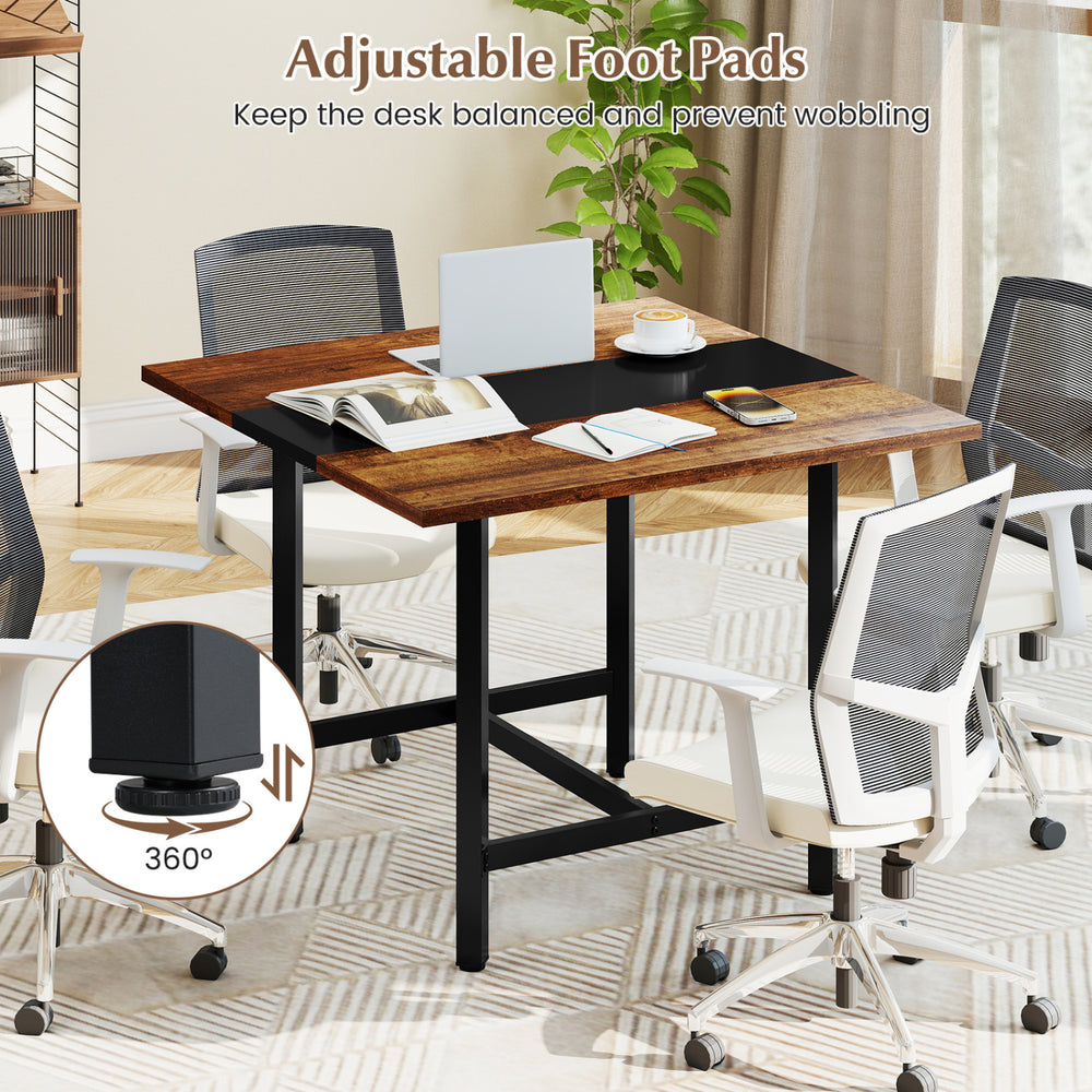 39.5 inches square conference table with a rustic brown finish, featuring adjustable foot pads for stability and seating for four.