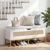 Rattan storage chest shoe bench with padded seat in white and gold, ideal for entryway organization and seating.