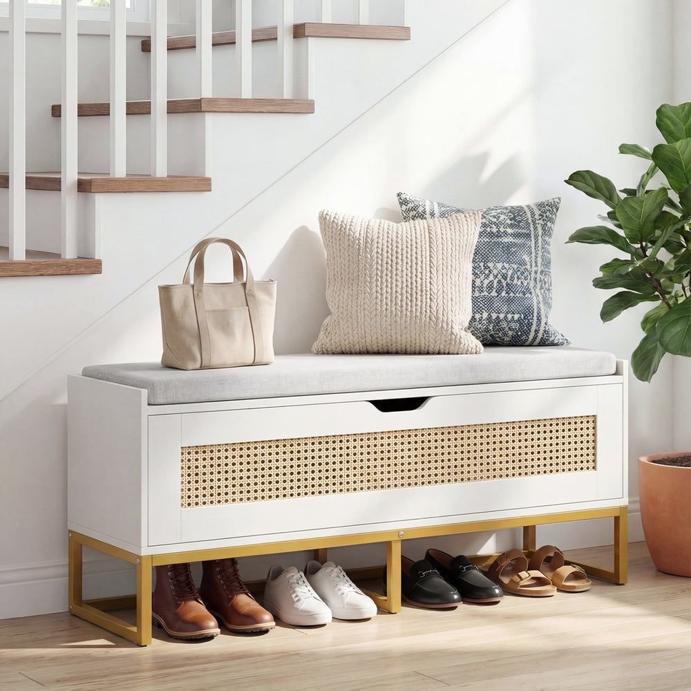Rattan storage chest shoe bench with padded seat in white and gold, ideal for entryway organization and seating.