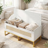 Rattan storage chest with padded seat in white and gold, ideal for entryway or bedroom organization and seating.