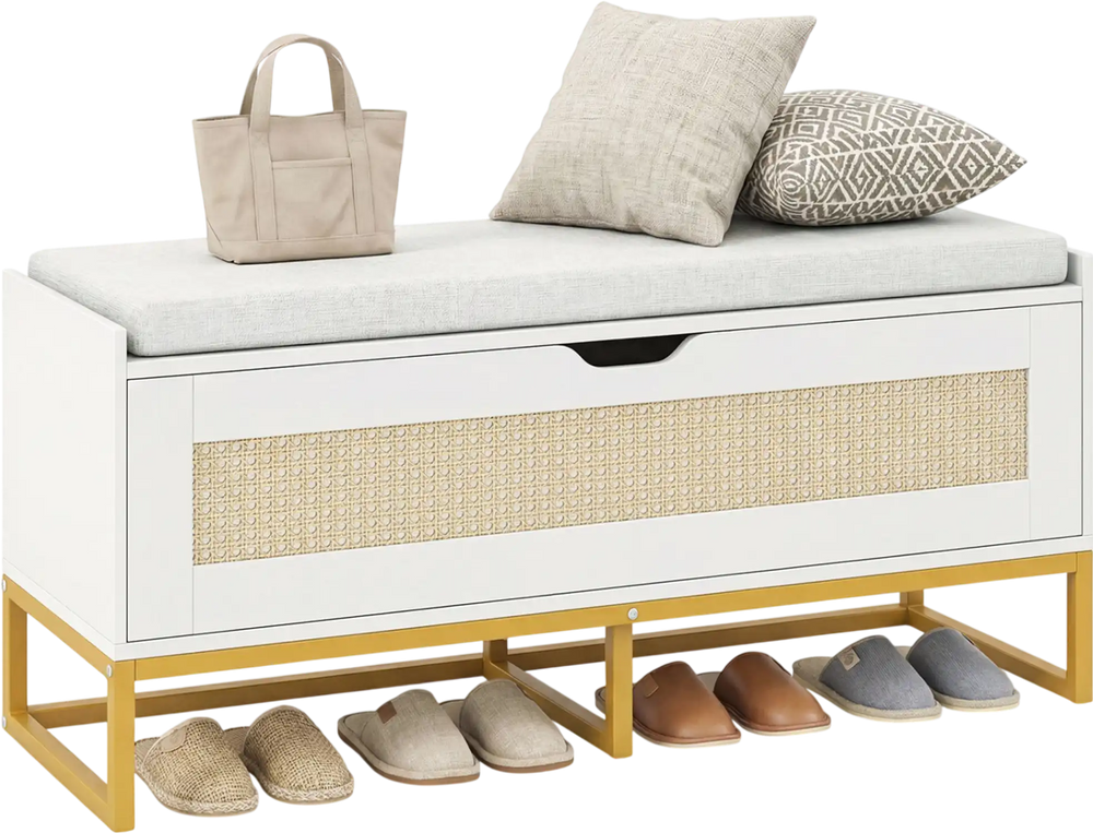 Rattan storage chest shoe bench with padded seat, white and gold, ideal for entryway organization and seating.