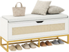 Rattan storage chest shoe bench with padded seat, white and gold, ideal for entryway organization and seating.