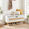 Rattan storage chest with padded seat in white and gold, ideal as a shoe bench for entryway or living room organization.