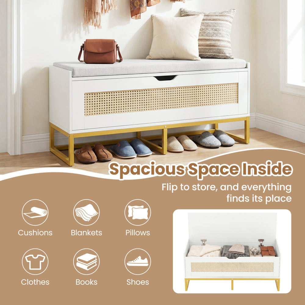 Rattan storage chest with padded seat in white, featuring ample storage for shoes and blankets, ideal for entryways.