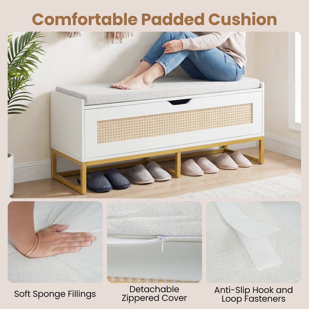 Rattan storage chest with padded seat, featuring a flip-top design and anti-slip foot pads, ideal for entryway.