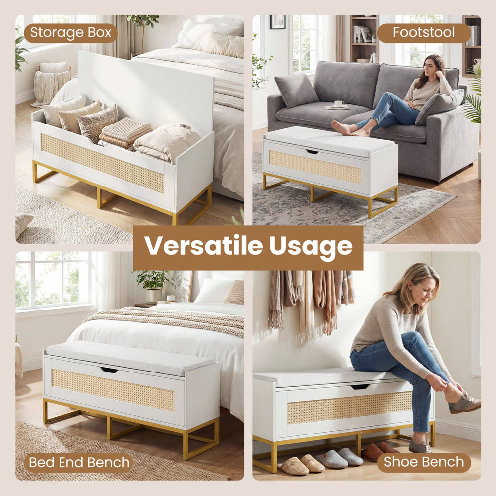 Rattan storage chest with padded seat, ideal as a shoe bench or footstool for entryway or living room organization.