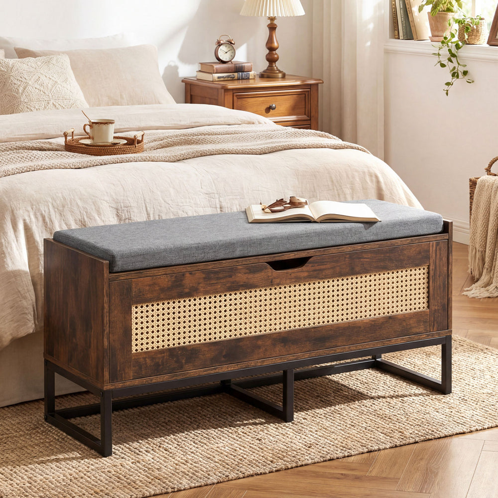 39.5" Rattan Storage Chest Wicker Shoe Bench with Padded Seat Flip-Top-Rustic Brown - Gallery View 1 of 10