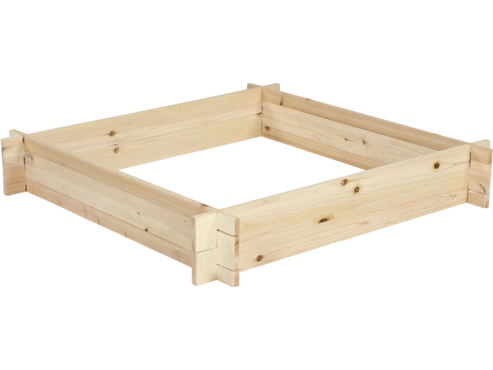 Square wooden raised garden bed measuring 39.5" x 39.5", perfect for natural gardening projects.
