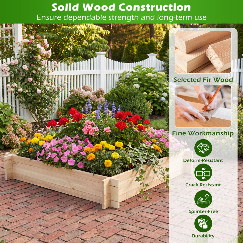 Square wooden raised garden bed made of selected fir wood, showcasing vibrant flowers for outdoor gardening.