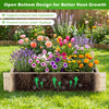 Square wooden raised garden bed with vibrant flowers, featuring an open bottom design for better root growth.