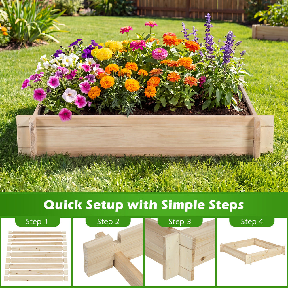 Square wooden raised garden bed with colorful flowers, 39.5" x 39.5", perfect for easy gardening setup.