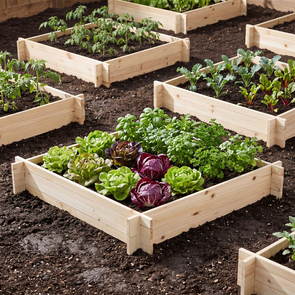 Square wooden raised garden bed, 39.5" x 39.5", filled with vibrant lettuce and herbs for home gardening.