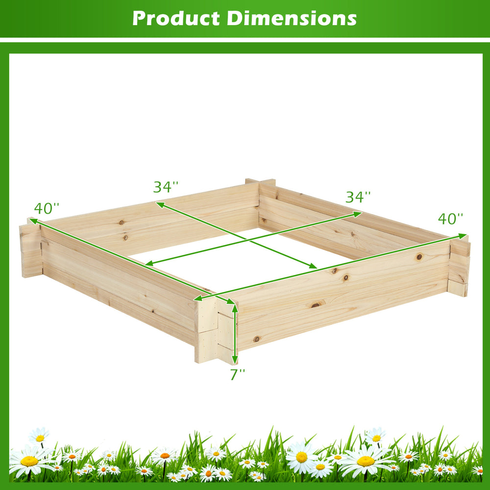 Square wooden raised garden bed measuring 39.5" x 39.5" x 7", perfect for natural gardening.