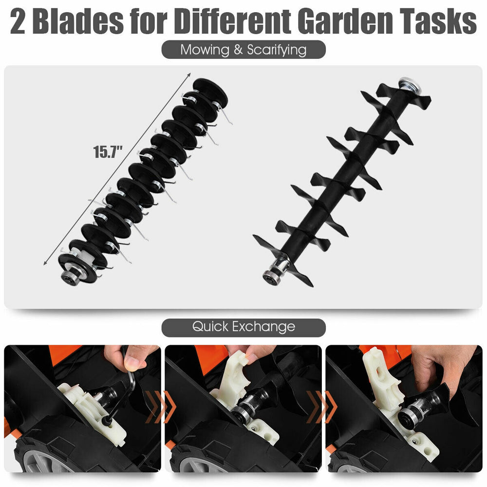 15-inch removable blades for the 13 Amp electric scarifier, designed for mowing and scarifying garden tasks.