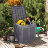Gray 39-gallon deck box with a lockable lid, featuring a rattan-like surface, perfect for patio storage and organization.