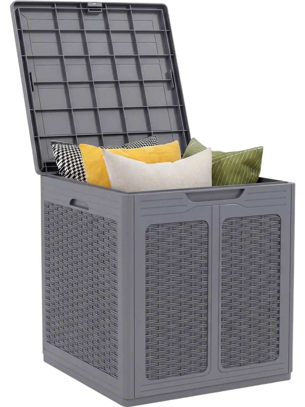 Gray 39-gallon deck box with lockable lid, ideal for storing patio furniture cushions and versatile for outdoor use.