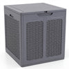 Gray 39-gallon deck box features a lockable lid and rattan-like surface, perfect for patio storage or as a side table.