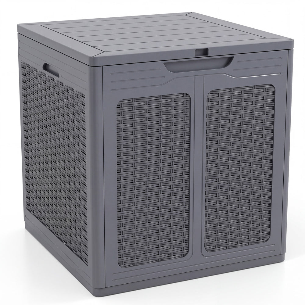 Gray 39-gallon deck box features a lockable lid and rattan-like surface, perfect for patio storage or as a side table.