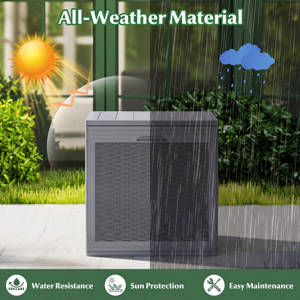 39-gallon gray deck box with lockable lid, featuring weatherproof material, ideal for patio furniture cushions and storage.