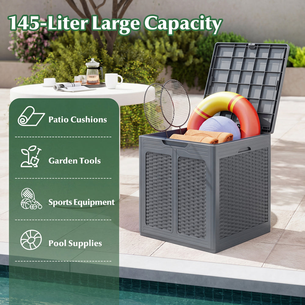 Gray 39-gallon deck box with lockable lid, ideal for storing patio cushions, garden tools, and pool supplies.