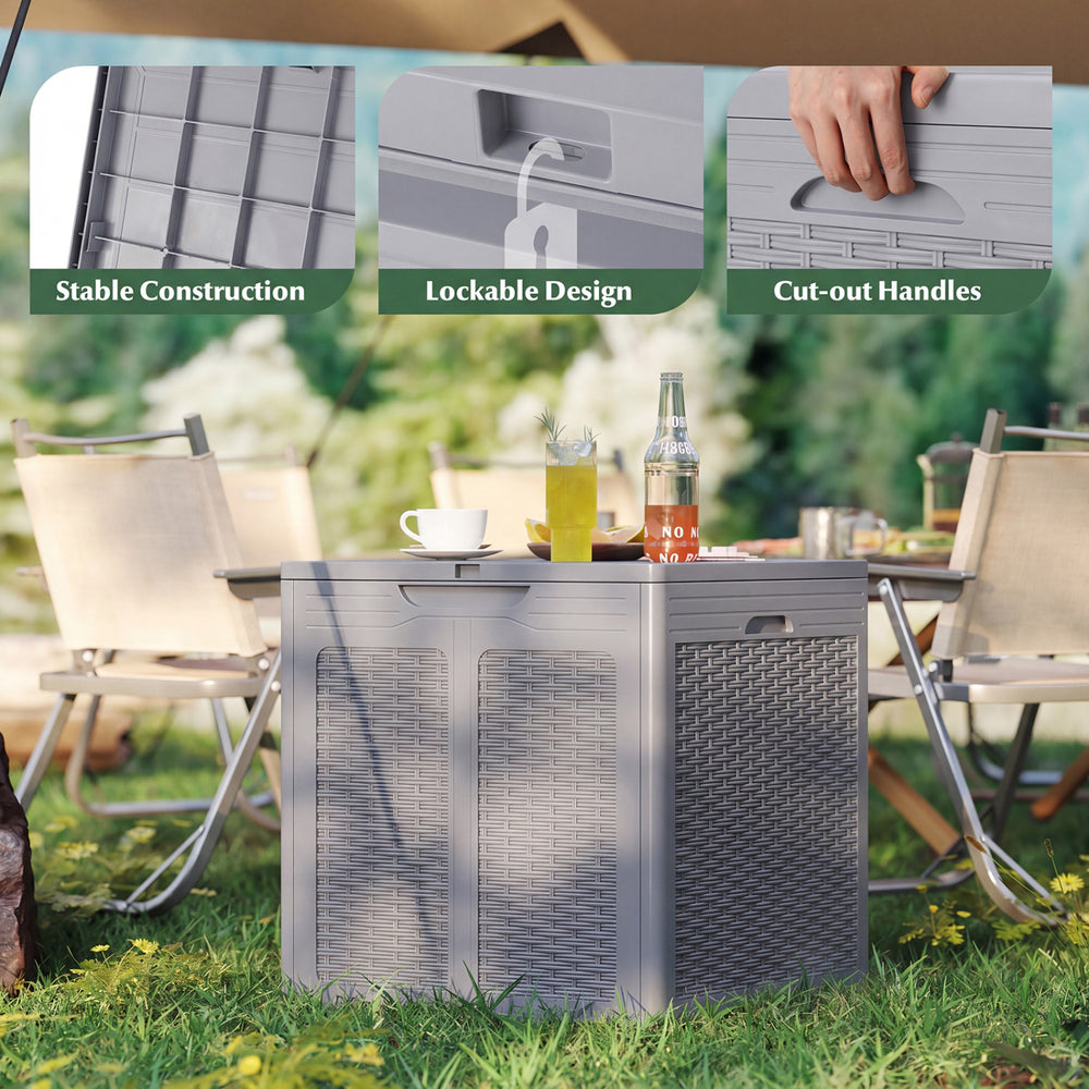 39-gallon gray deck box featuring a lockable lid, stable construction, and cut-out handles, ideal for patio storage.