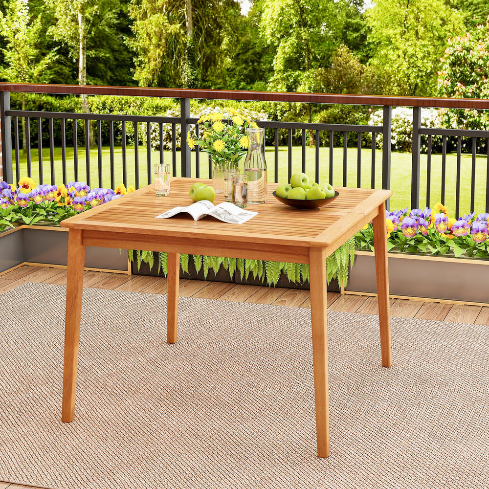 Acacia wood dining bistro table with natural finish, 1.96" umbrella hole, perfect for patio gatherings.