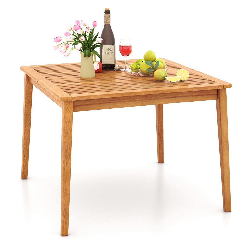 Square 40-inch acacia wood dining table with natural finish, featuring a 1.96-inch umbrella hole, ideal for patio.