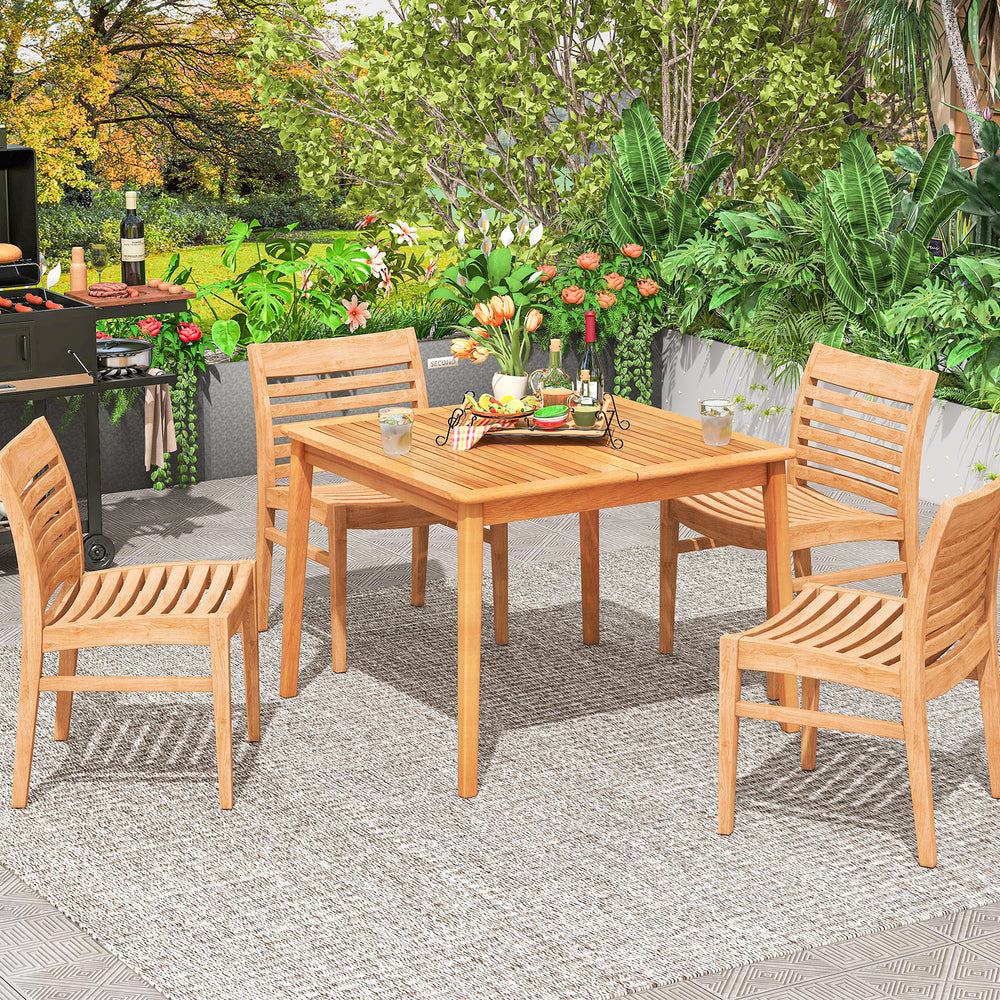 Solid acacia wood dining table with a warm natural finish, designed for four, featuring a 1.96-inch umbrella hole for.