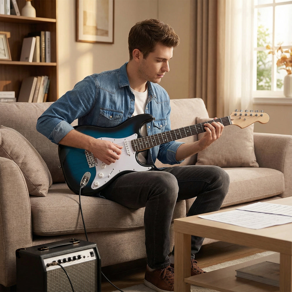 39 Inch Full Size Electric Guitar Beginner Kit with Amplifier for Starter-Blue - Gallery View 1 of 10