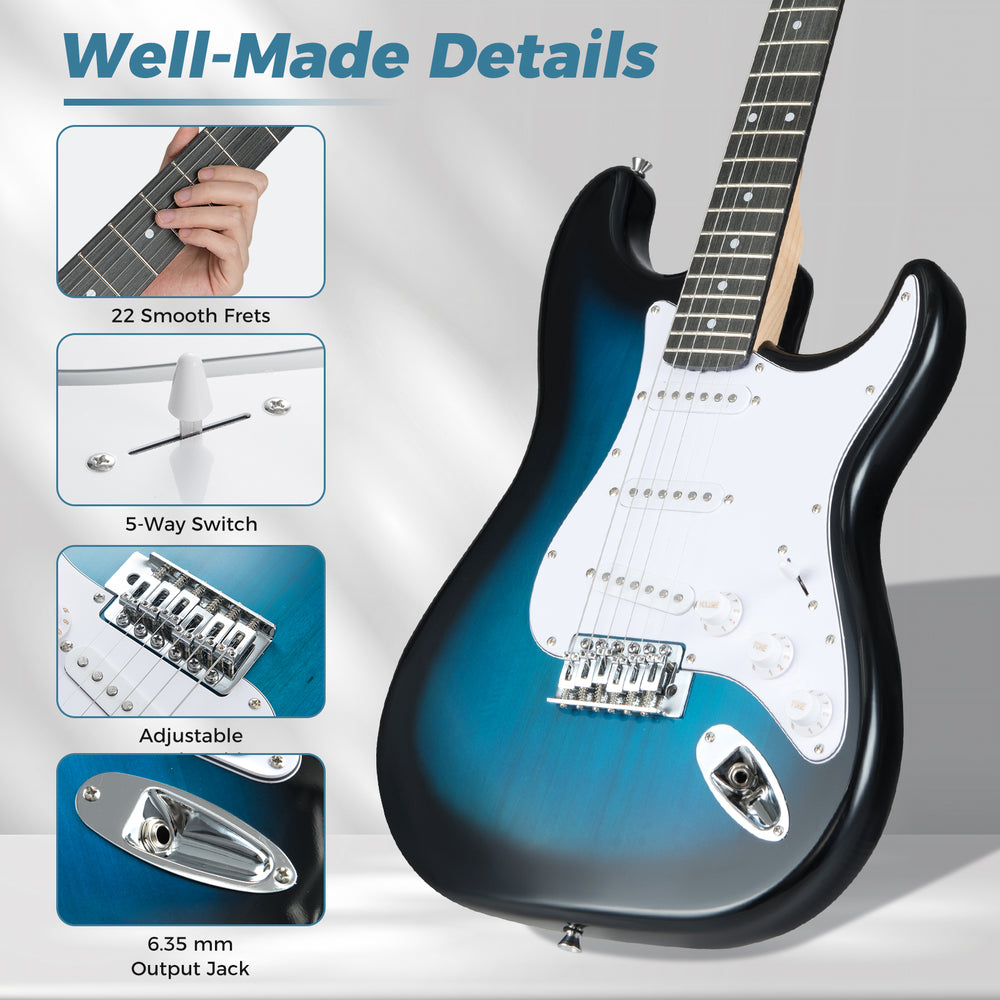 Close-up of the 39-inch electric guitar showcasing 22 smooth frets, adjustable tremolo bridge, and classic SSS pickups.