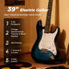 39-inch electric guitar in blue with SSS pickups, 5-way switch, and 3-ply pickguard for versatile music styles.