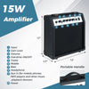 15W amplifier with portable handle, featuring input, gain level, and overdrive for electric guitar beginners.