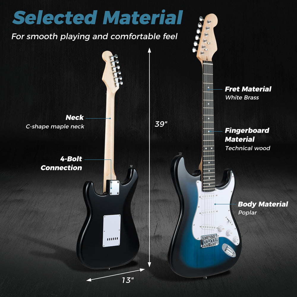 39-inch electric guitar with poplar body and maple neck, featuring 22 frets and adjustable tremolo bridge for beginners.