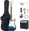 39-inch electric guitar beginner kit in blue with amplifier, gig bag, and accessories for versatile music styles.