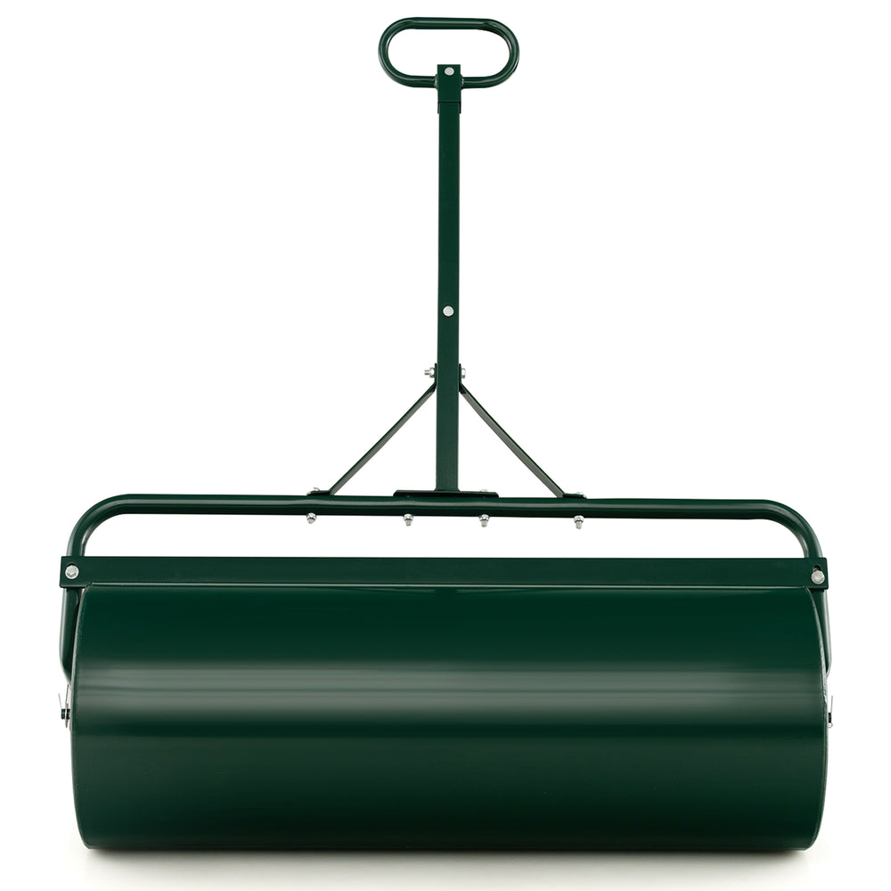39-inch wide green lawn roller made of powder-coated metal, designed for push, pull, or tow use in gardens and yards.