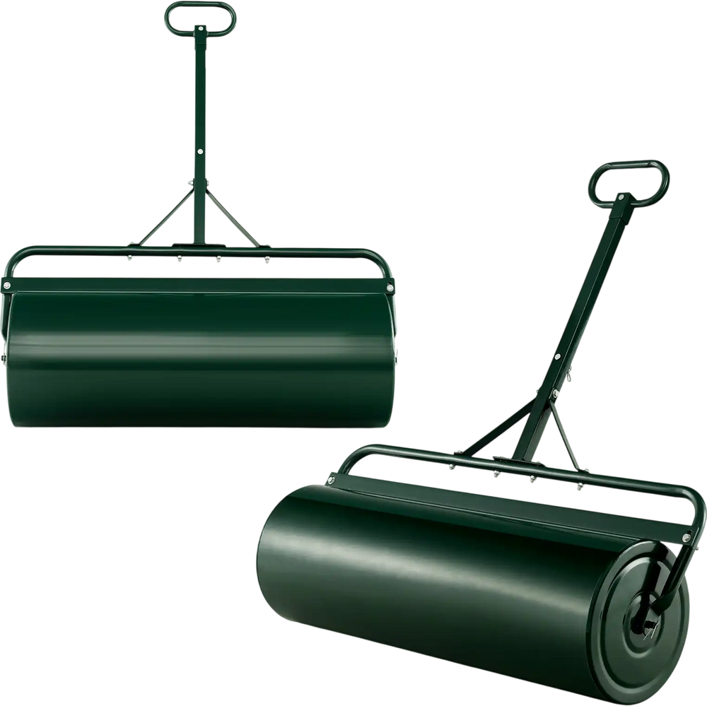 39-inch green lawn roller showcasing a sturdy push handle, designed for effective lawn leveling in gardens and yards.