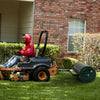 39-inch wide green lawn roller attached to a riding mower, ideal for leveling lawns and gardens with a 30-gallon.